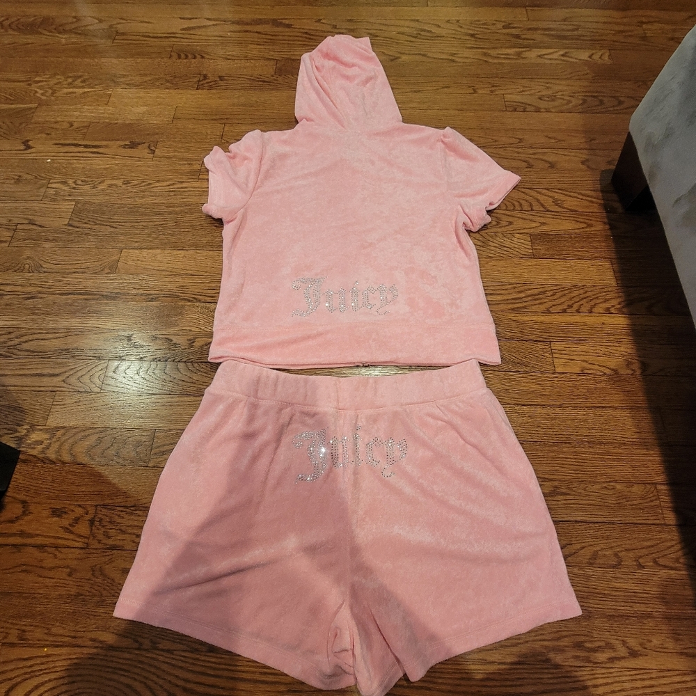 Juicy Couture Flamingo PINK Terry Hoodie and Shorts Bling Set Size XL NWT